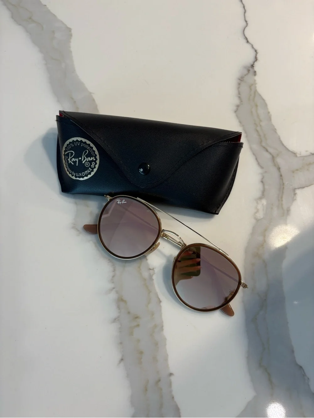 Ray-Ban Round Double Bridge Metal Sunglasses in Brown with Pink Gradient Lenses